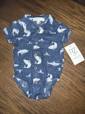NWT Rachel Zoe Baby Boys Shark Print Button-Front Romper, Blue, 3-6 Months